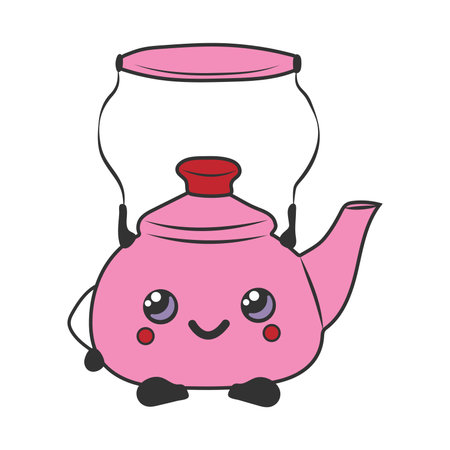 Cute happy funny kettle with kawaii eyes. Cartoon cheerful fall mascotのイラスト素材