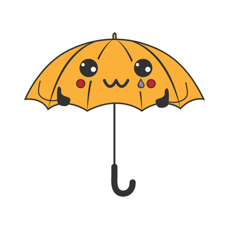 Cute happy funny umbrella with kawaii eyes. Cartoon cheerful fall mascotのイラスト素材