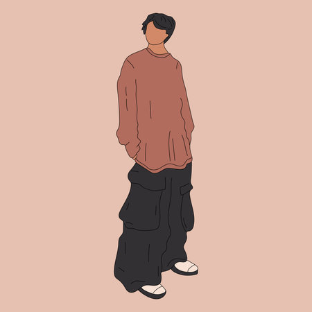Street fashion men vector illustration. Young man in a fashionable clothes military style 90s 2000s...