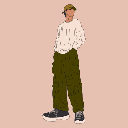 Street fashion men vector illustration. Young man in a fashionable clothes military style 90s 2000s...