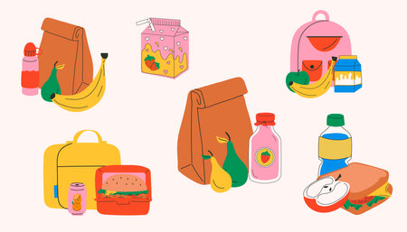 Set of School lunch box, container. various foods. Hand drawn vector illustration. Isolated elements, design templates. healthy food conceptのイラスト素材