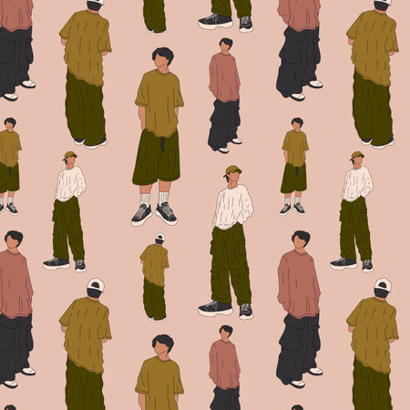 Seamless pattern with street fashion men vector illustration. Young man in a fashionable clothes...