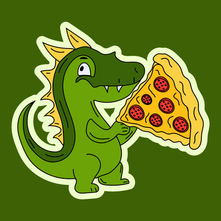 Vector Stock Illustration isolated Emoji character cartoon green dragon dinosaur eats a pizza sticker emoticon for site, info graphics, video, animationのイラスト素材