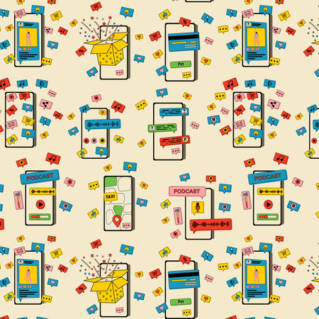Seamless pattern with smartphones with various images. Communication, social networking concept.