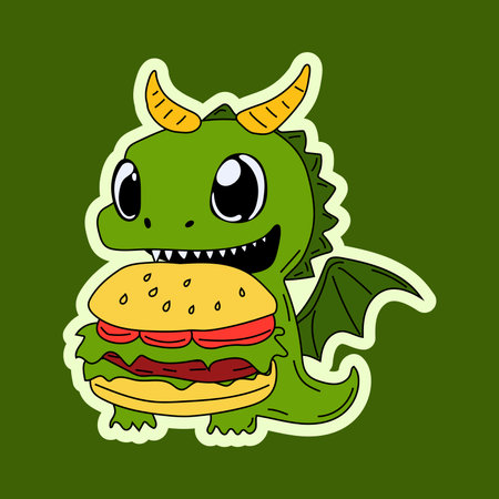 Vector Stock Illustration isolated Emoji character cartoon green dragon dinosaur eats a burger sticker emoticon for site, info graphics, video, animationのイラスト素材