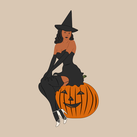Witch. Cute ladies. Pin-up, retro style. Halloween costume concept. Hand drawn modern Vector illustration. Poster, sticker templatesのイラスト素材