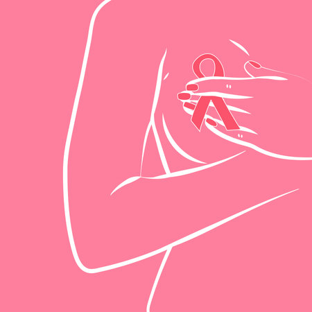 Line art breast. Pink ribbon month of breast cancer, international breast cancer day worldwide.のイラスト素材