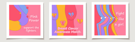 Set of breast cancer day cards with Set Colorful illustrations of breasts. October is Cancer Awareness Month.のイラスト素材