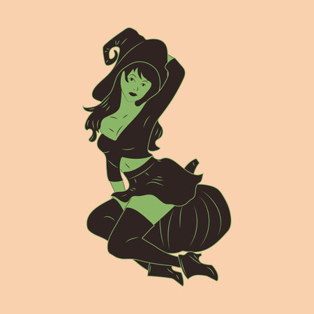 Witch. Cute ladies. Pin-up, retro style. Halloween costume concept. Hand drawn modern Vector illustration. Poster, sticker templatesのイラスト素材