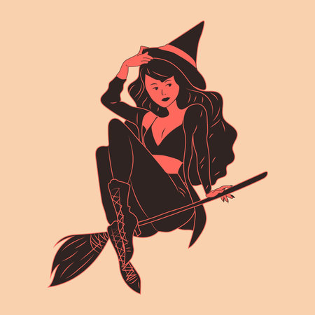 Witch. Cute ladies. Pin-up, retro style. Halloween costume concept. Hand drawn modern Vector illustration. Poster, sticker templatesのイラスト素材