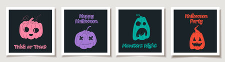 Set of Halloween cards with Set of four halloween pumpkins, funny faces. Greeting cards with Magic items.のイラスト素材
