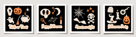 Set of Halloween cards with Set of four halloween Traditional Doodle Icons . Greeting cards with Magic items.のイラスト素材