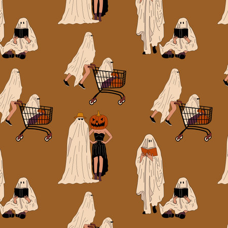 Seamless pattern with Couples in Halloween costume. ghost. Flat design style vector illustration.のイラスト素材