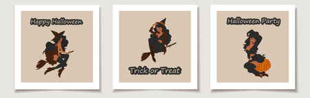 Set of Halloween cards with Set of three Witches. Cute ladies. Pin-up, retro style. Halloween costume concept. Greeting cards with Magic items.のイラスト素材