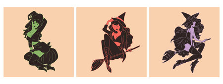 Set of three witches. Cute ladies. Pin-up, retro style. Halloween costume concept. Hand drawn modern Vector illustration. Poster, sticker templatesのイラスト素材