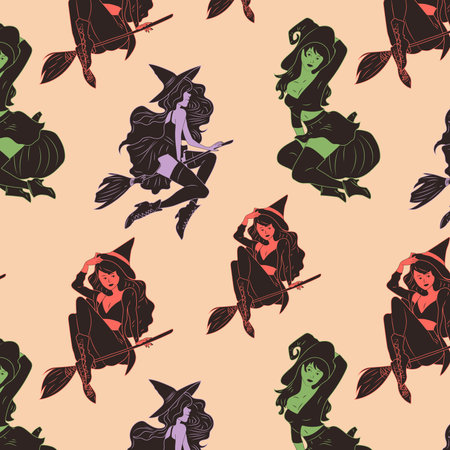 Seamless pattern with Witch. Cute ladies. Pin-up, retro style. Halloween costume concept. Hand drawn modern Vector illustration.のイラスト素材