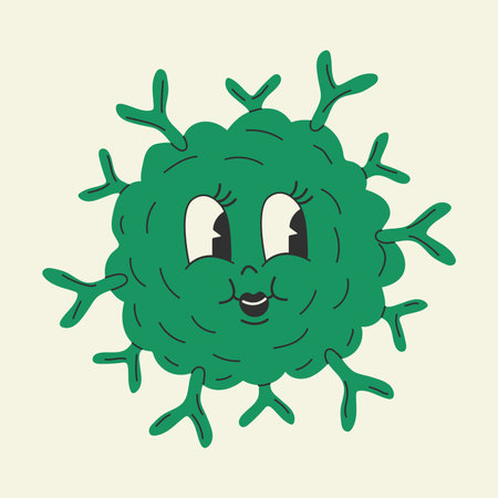 Cute Cartoon virus rotavirus character. Old animation 60s 70s, funny cartoon characters. Trendy illustration in retro style.のイラスト素材