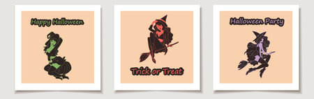 Set of Halloween cards with Set of three Witches. Cute ladies. Pin-up, retro style. Halloween costume concept. Greeting cards with Magic items.のイラスト素材