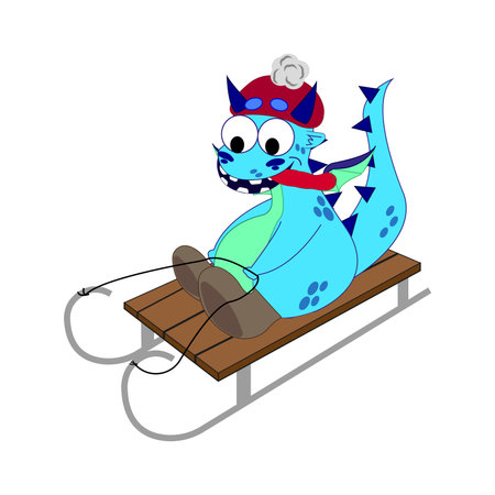 Funny fantasy character dragon sledding. isolated on white background. Vector cartoon colorful icons.のイラスト素材