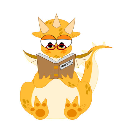 Funny fantasy character dragon is reading a book. isolated on white background. Vector cartoon colorful icons.のイラスト素材