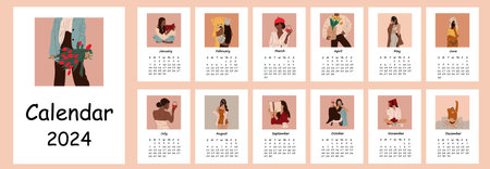 2024 calendar with abstract illustrations women. Calendar planner minimal style, annual organizer. vector illustrationのイラスト素材