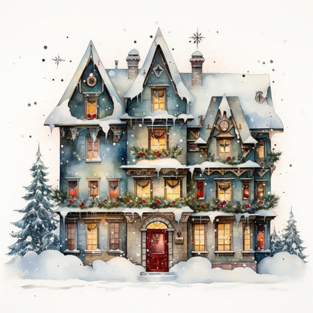 Christmas home decoration, Christmas house. Watercolor. Holiday illustration for design, print, fabric or background.の素材
