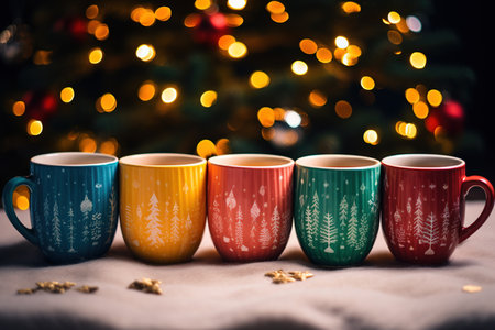 Hot drink with marshmallows and candy cane in colorful mugs. Fir cones, spices in the background. Christmas hot drinks collection. Merry Christmas.の素材