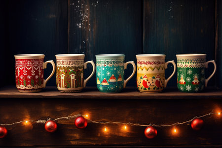 Hot drink with marshmallows and candy cane in colorful mugs. Fir cones, spices in the background. Christmas hot drinks collection. Merry Christmas.の素材