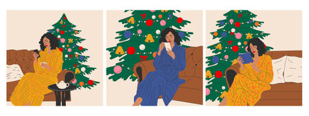 Set of girls are sitting on the sofa near the Christmas tree. Hygge concept. Cozy winter daysのイラスト素材
