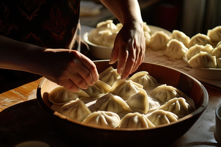 Hands are cooking Homemade Ukrainian traditional dish dumplings.の素材