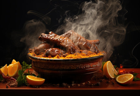 Meat Turkish cuisine on a dark background. Fire and sparks, meat and fireの素材