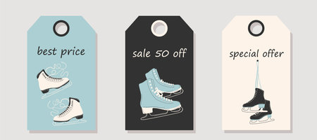Vector set of discount price tags. Labels with Ice skates for figure skating in winter. Christmas sale.のイラスト素材