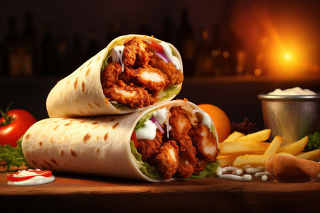 Hot shawarma on red background. Chicken meat, vegetables and salad are wrapped in pita bread. Side viewの素材