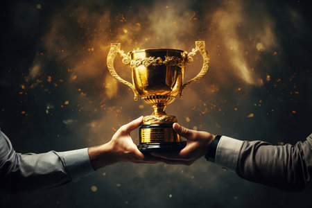 Two people holding a gold trophy. Sports, champion and hands of team with trophy for achievement, goal and success together.の素材