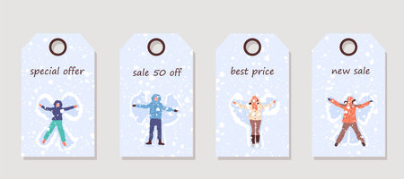 Vector set of discount price tags. Labels with Happy People Making Snow Angel. Christmas sale.のイラスト素材