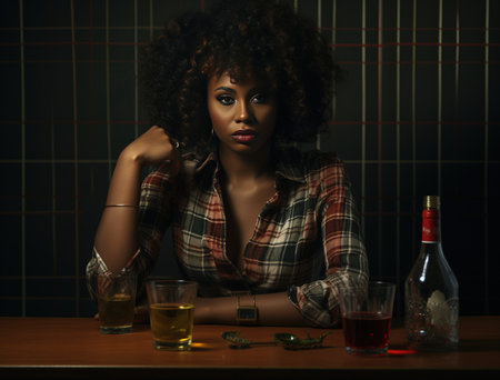 Black young beautiful woman drinking alcohol. Alcohol abuse social problem.の素材