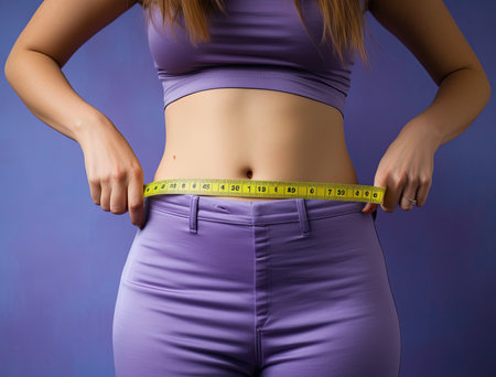 Close up of woman measuring her waist size with tape measure. Weight loss conceptの素材