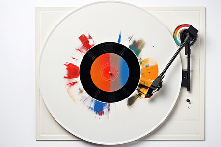 Retro music turntable for vinyl records on white backgroundの素材