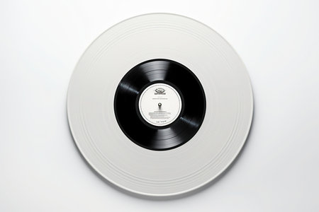 Retro music turntable for vinyl records on white backgroundの素材