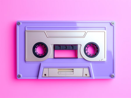 Old vintage audio cassette tape lit by pink and blue lamps. Front, top view.の素材