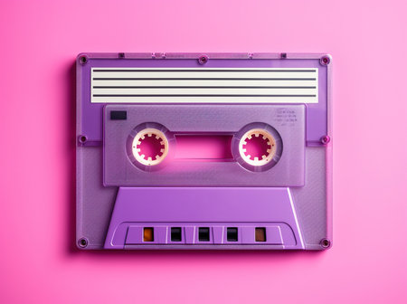 Old vintage audio cassette tape lit by pink and blue lamps. Front, top view.の素材