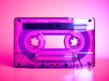 Old vintage audio cassette tape lit by pink and blue lamps. Front, top view.の素材