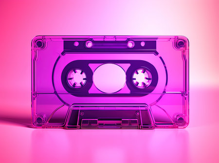 Old vintage audio cassette tape lit by pink and blue lamps. Front, top view.の素材