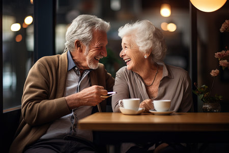 Happy elderly couple on date in cafe. Love conceptの素材