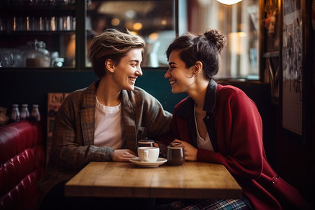 Couple of lesbian on date in a cafe. Love concept.の素材