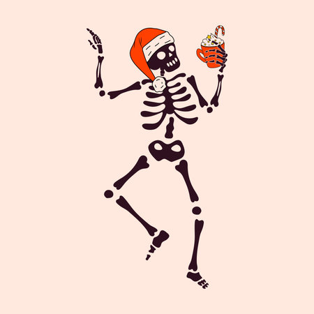 Funny Skeleton with christmas decoration. Cute character Skeleton Bonesのイラスト素材
