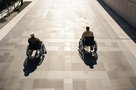 Two people in wheelchairs spend time together on the street. View from aboveの素材