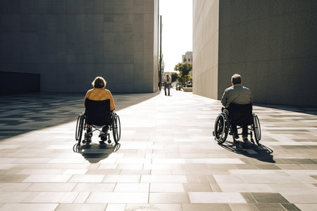 Two people in wheelchairs spend time together on the street. View from aboveの素材