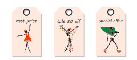 Vector set of discount price tags. Labels with Funny Skeleton with with decoration christmas. Christmas sale.のイラスト素材