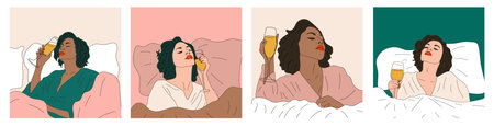 Set of women drinks a glass of Champagne in bed. Vector. Wine timeのイラスト素材
